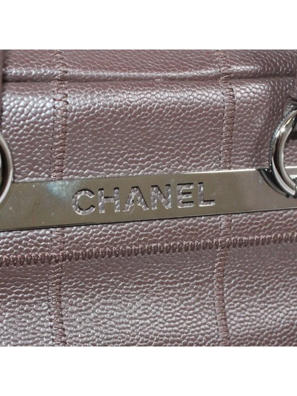 Chanel Choco Bar Mini Caviar Leather Dark Brown Boston Bag Silver
